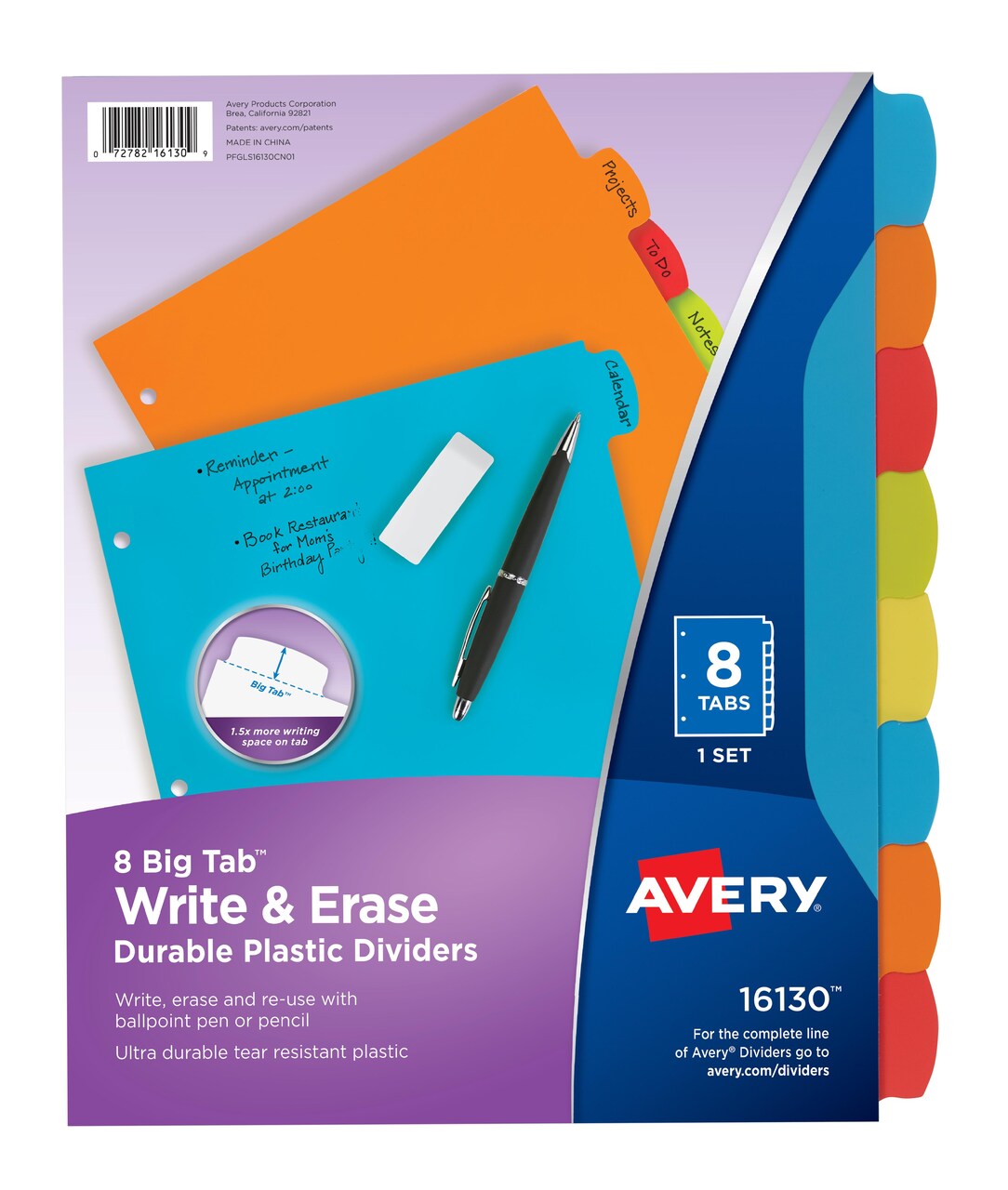 Avery Big Tab Write & Erase Durable Plastic Dividers for 3 Ring Binders, 8-Tab Set, Bright Multicolor, 1 Set (16130) - 24 Pack